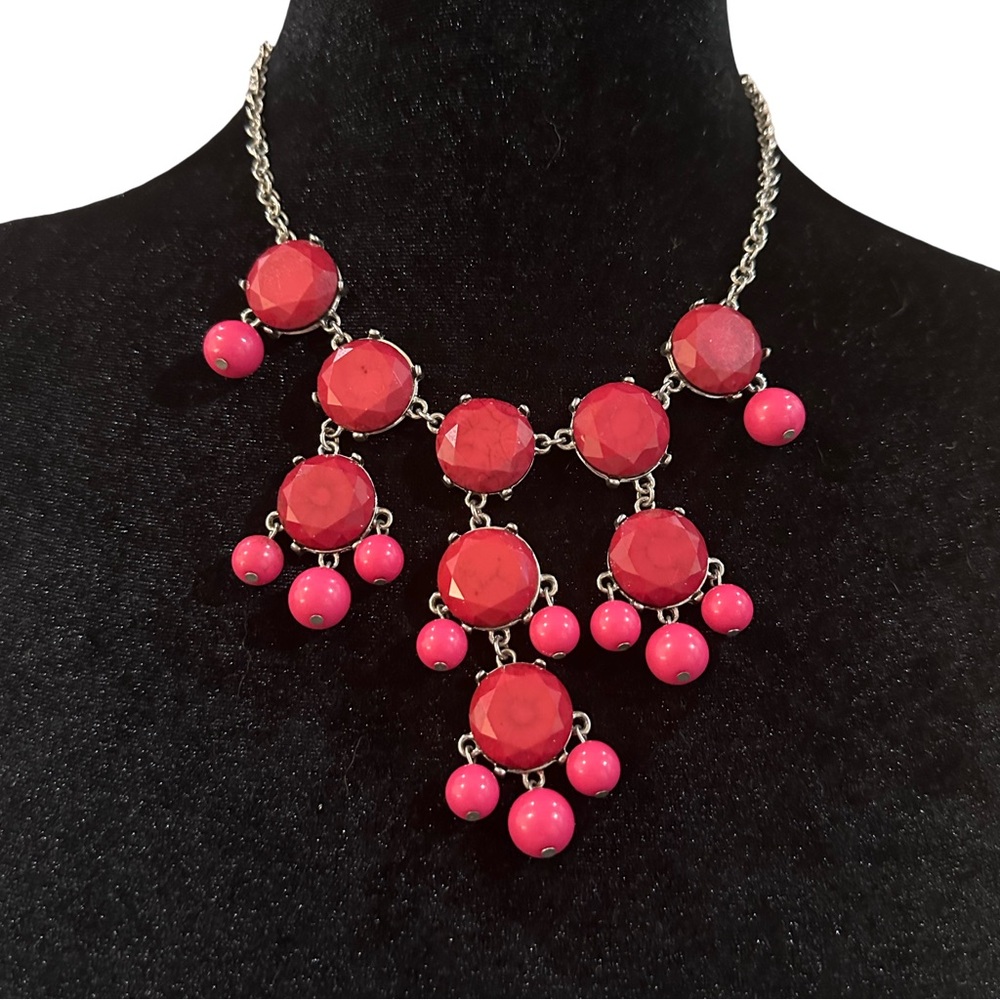 Statement Bib Necklace Dark Pink Berry Silver Tone Adjustable Length Women
